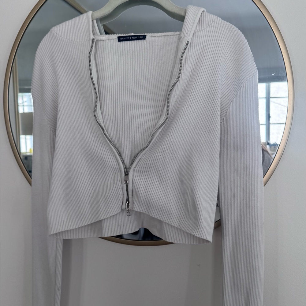 White Ribbed Zip-Up Hoodie